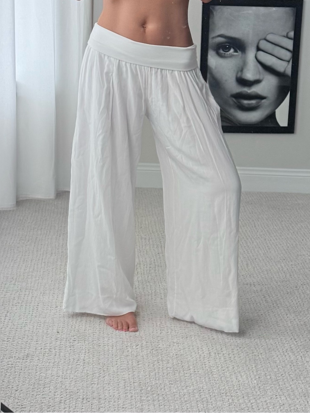 Tempo Paris White Wide-Leg gaucho flowy fold waist viscosa and cotton pants
